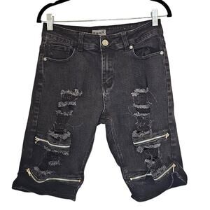 BLACK Label Jean Short Men's 30 Cotton‎ Ripped Zipper Denim Bermuda